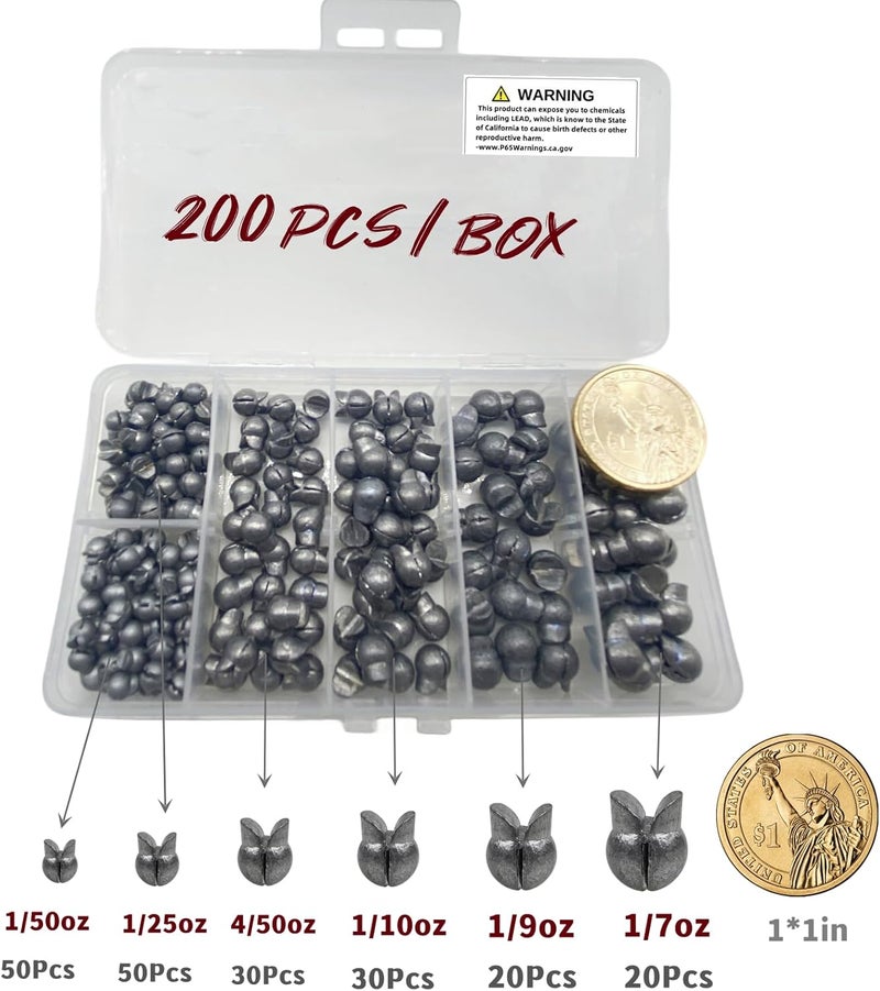 DAMIDEL 200Pcs/Box Big Size Removable Split Shot Fishing Sinkers(1/7oz,1/9oz,1/10oz,4/50oz,1/25oz,1/50oz Mixed)，Adjust Open Mouth Design Fishing Weights Clip for Freshwater Saltwater - Image 2